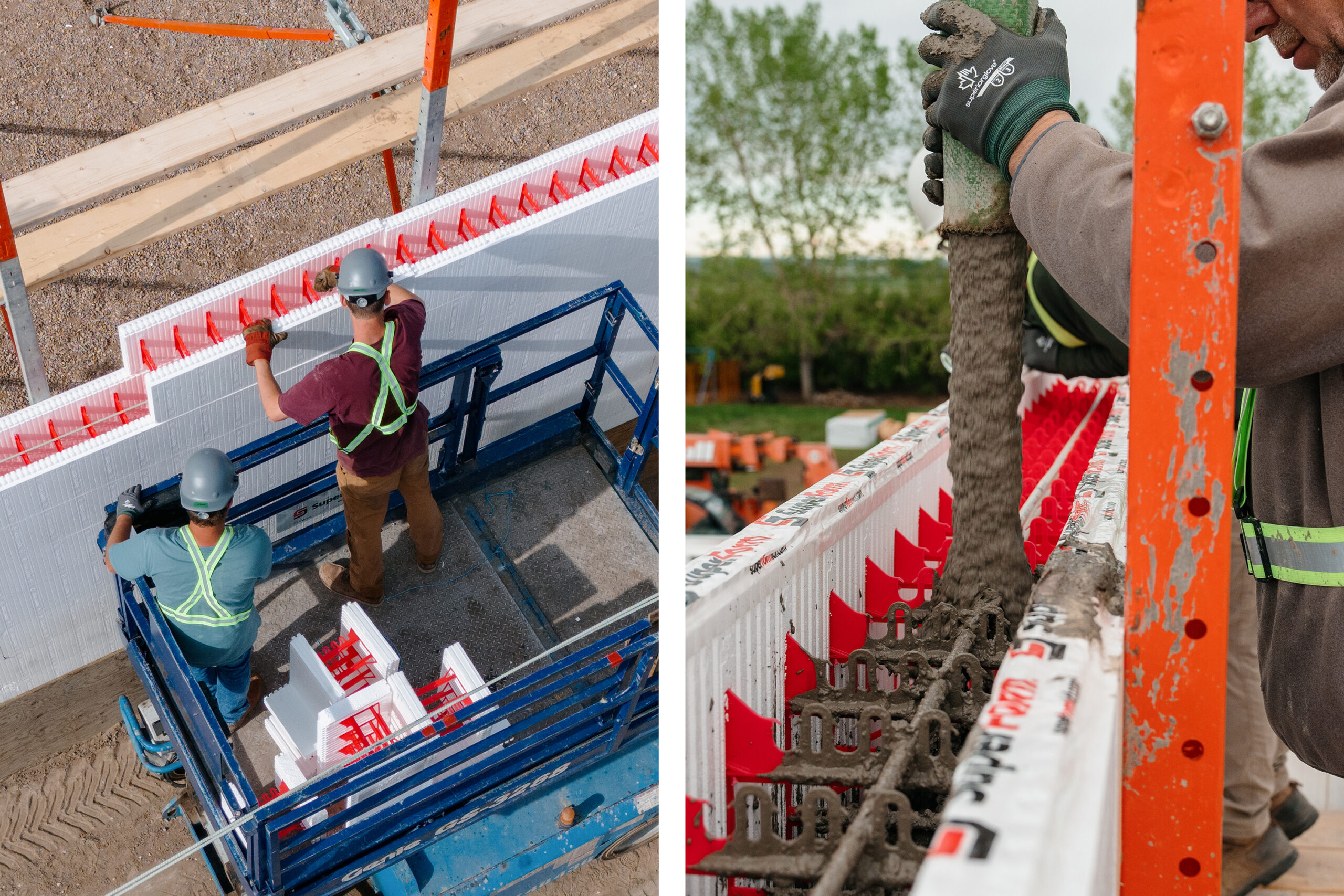 This side-by-side image depicts workers on a job site handling an ICF block installation.