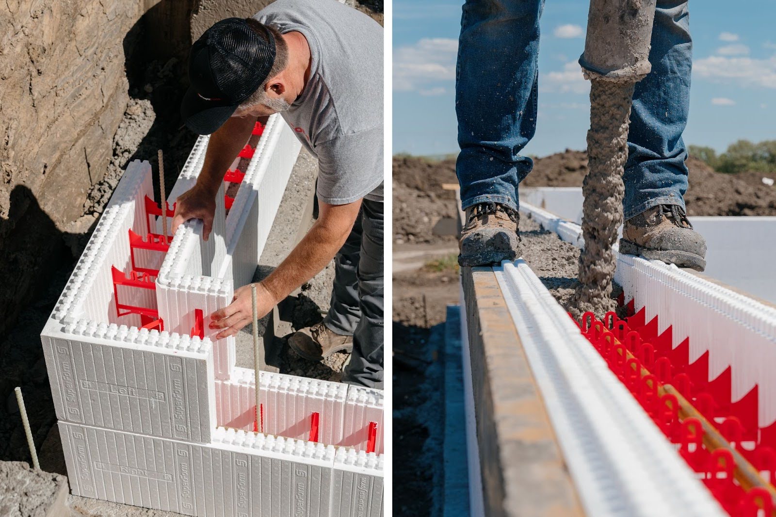 Two side-by-side images show the construction process of an ICF pool. On the left, a professional is stacking ICF blocks. On the right, a professional is pouring concrete into the blocks.