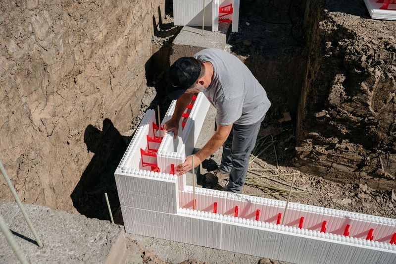 This image depicts an ICF expert stacking SuperForm’s ICF blocks on a job site.