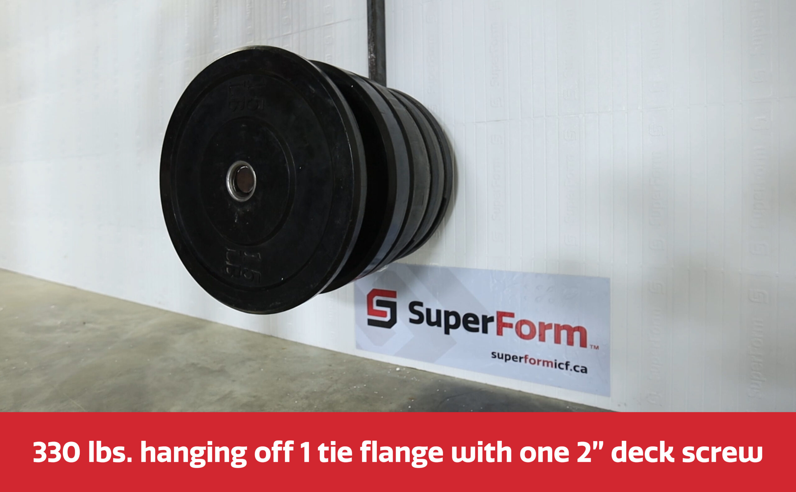 330 lbs of weigh hanging off 1 tie flange with one 2" deck screw, SuperForm ICF