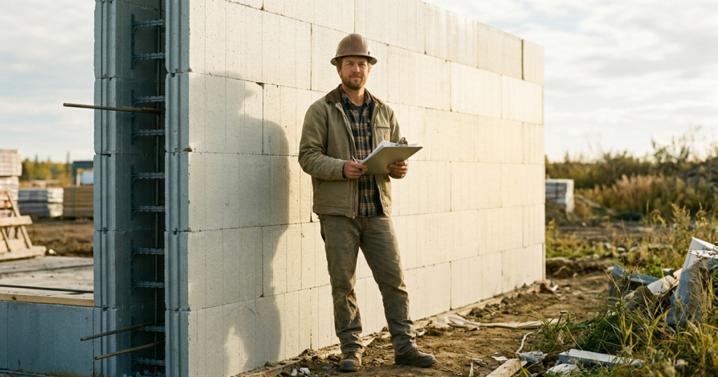 Construction worker in hard hat holding clipboard beside unfinished ICF block wall on job site, relevant to federal tax...