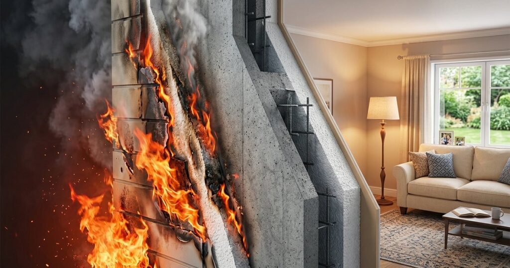 Oil painting of ICF wall cross-section showing foam insulation between concrete layers, illustrating ICF fire rating...