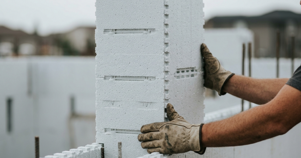 Worker in worn gloves stacking white ICF blocks at a construction site, highlighting 12-inch ICF block height during wall...