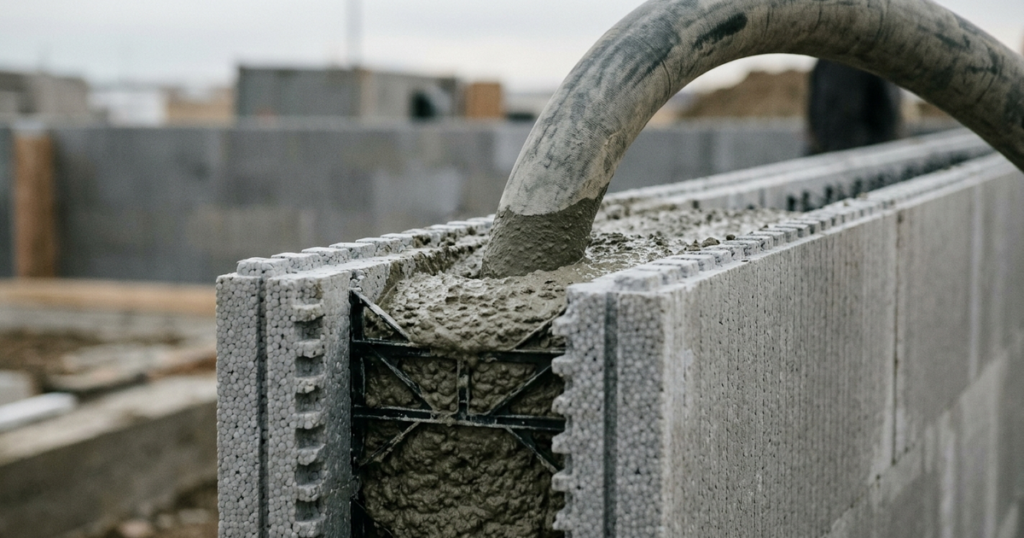 Concrete being pumped through a hose into ICF wall forms at a construction site, relevant to an ICF concrete pour checklist