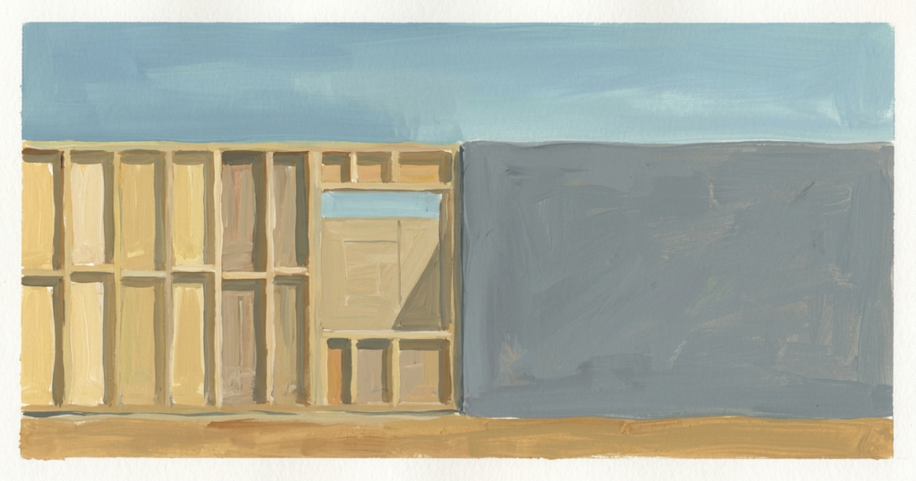 Gouache painting of stick frame building construction beside a gray wall under a pale blue sky, sandy ground below