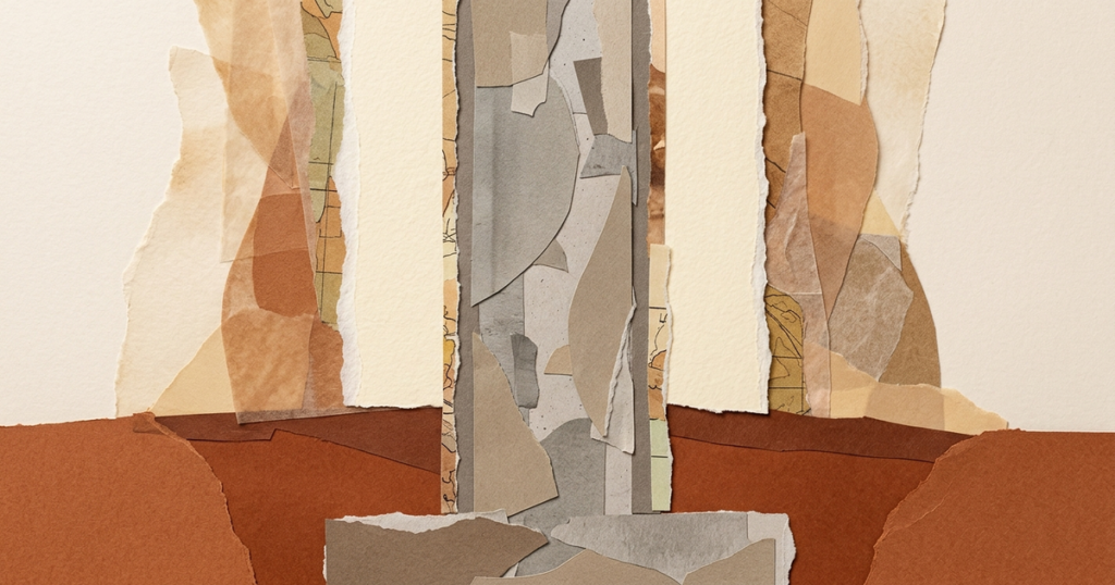 Paper collage of layered torn earth-tone strips forming a vertical column, evoking ICF thermal mass wall cross-section in...