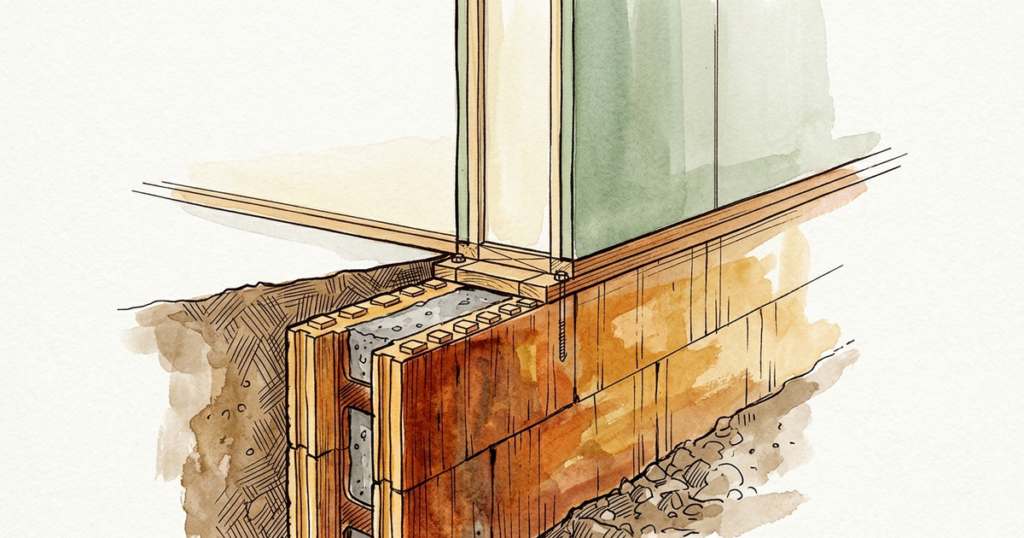 Watercolor illustration of a SIP-ICF hybrid foundation cross-section showing wall panels meeting insulated concrete form...