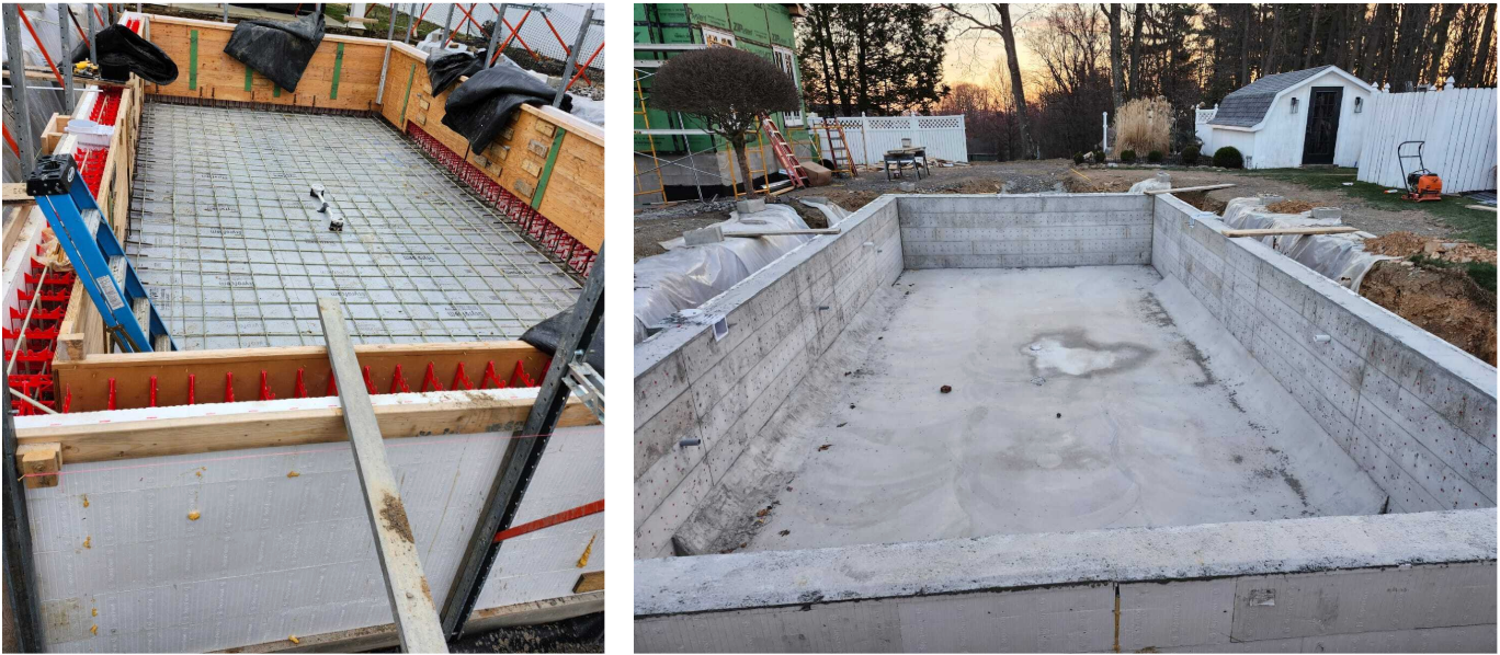 Two side-by-side images show the construction process of an ICF pool. On the left, an ICF pool is pictured before the concrete was poured. On the right, an ICF pool is pictured after the concrete was poured.