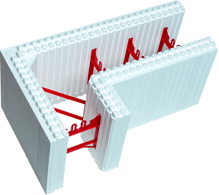 This is a SuperForm ICF corner block made of EPS foam and red plastic flanges. 